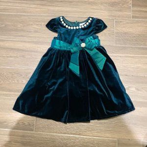 Rare Editions Girl Green Velvet Cap Sleeves Bow Tie Dress Size 3T